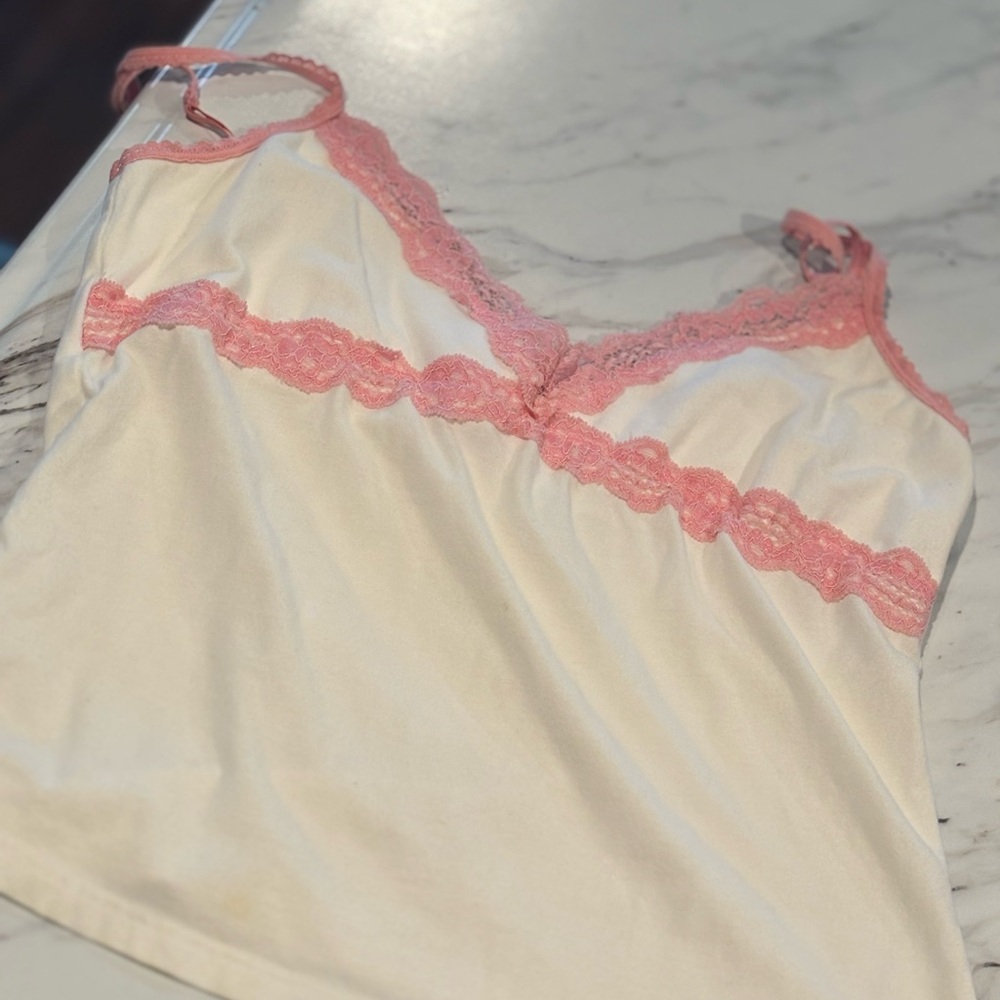 Women's Cream and Pink Lace Trim Camisole Abercrombie and fitch